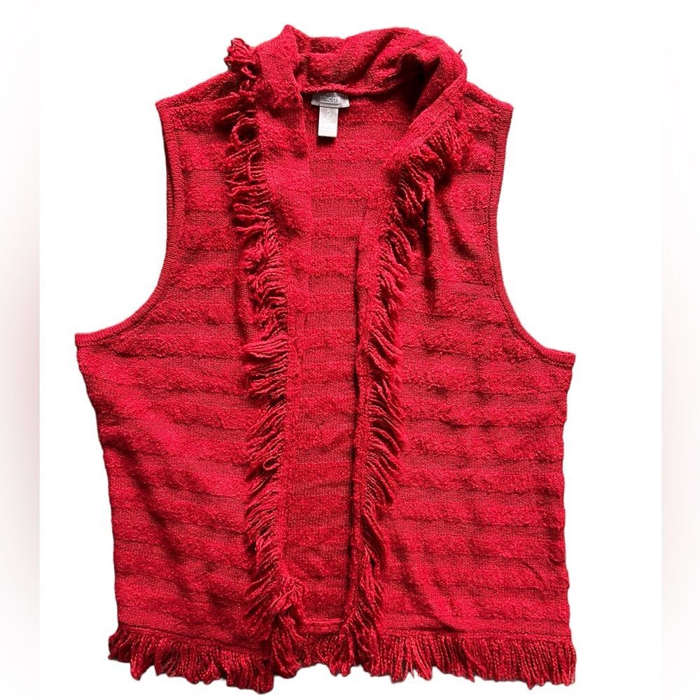 Chico's Red Sleeveless Cardigan Sweater Vest Fringe Fray Trim Open Front sz 2/M